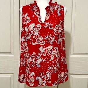 Talbots Petites Large Red Multi Paisley Split Neck Sleeveless Blouse